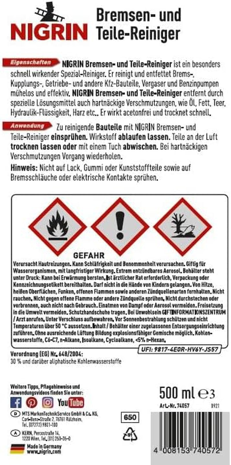 Lot De 2 Bombes De Nettoyant Pour Freins Et Pièces De Moteur - 500 Ml