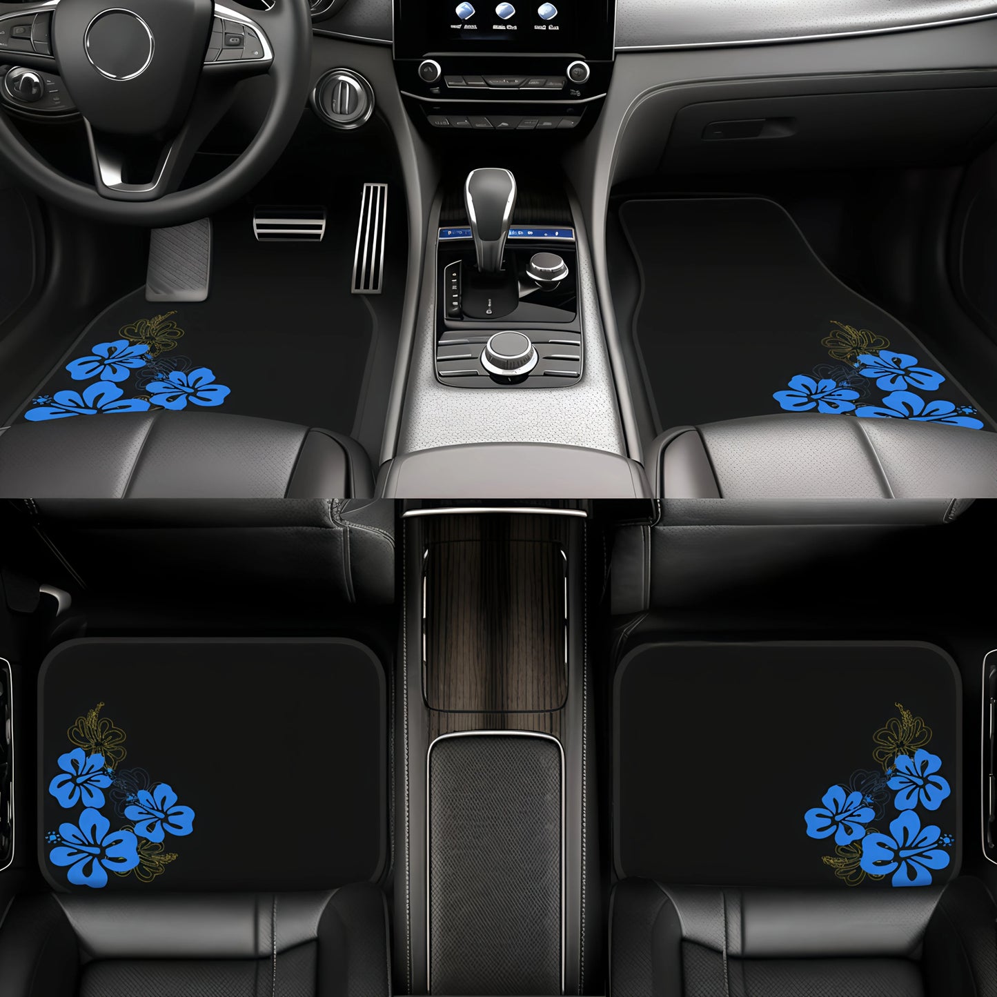 Lot de 4 tapis de sol voiture universels à fleurs bleues – Antidérapants et absorbants – Style élégant